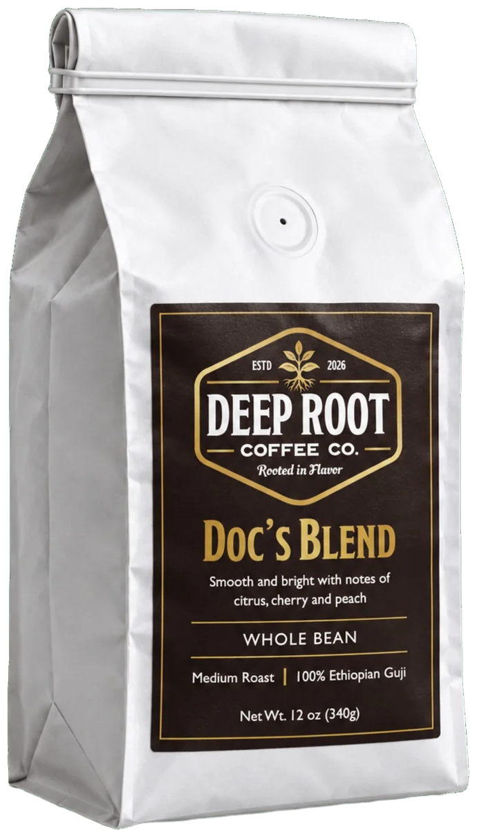 The original Deep Root Doc’s Blend 12 oz whole bean coffee bag